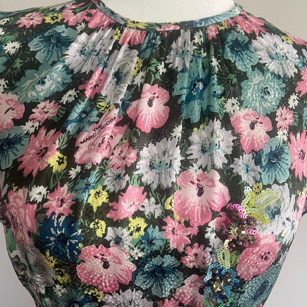 Marc Jacobs Pink and Green Floral Midi Dress with Waist Tie - Picture 4 of 6